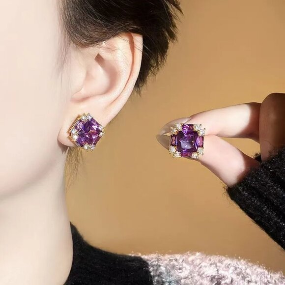 NEW Art Deco Amethyst Purple Crystal Luxe Square Stud Earrings - Picture 3 of 4